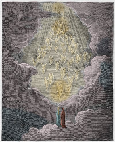 Paradiso, Canto 21: Beatrice en Dante in de sfeer van Saturnus, illustratie uit De Goddelijke Komedie van Dante Alighieri, 1885 door Gustave after Dore